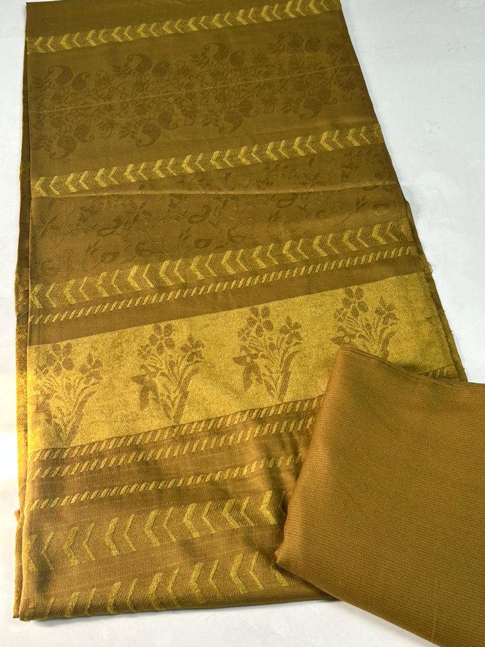 3PC MARINA VELVET SHAWL WITH ZARILINE SHIRT TROUSER (antique golden )