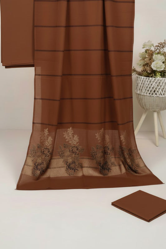 Lawn 3 piece with light weight Jacquard shawl brown