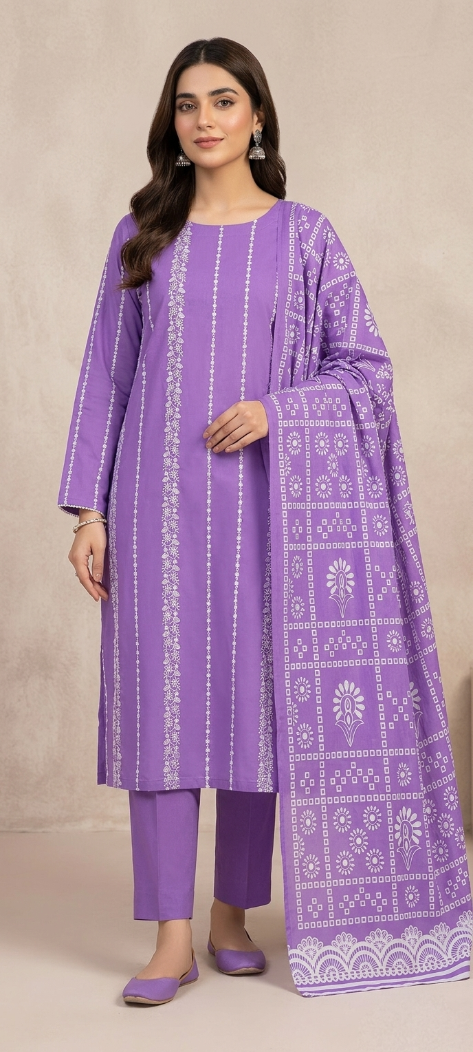 Unstitched 3 piece Lawn Embroided shirt with printed dubatta (purple)