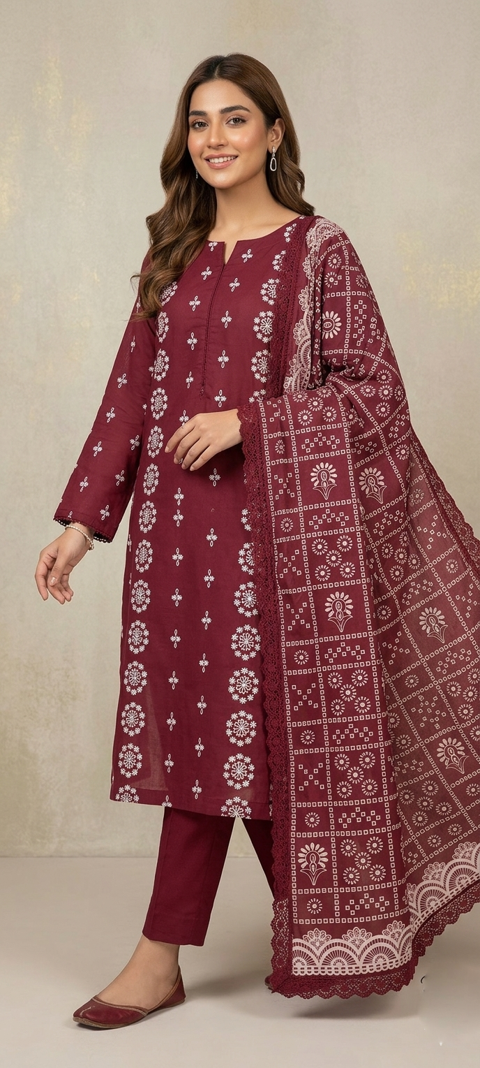 Unstitched 3 piece Lawn Embrpoied shirt with printed dubatta (mahroon)