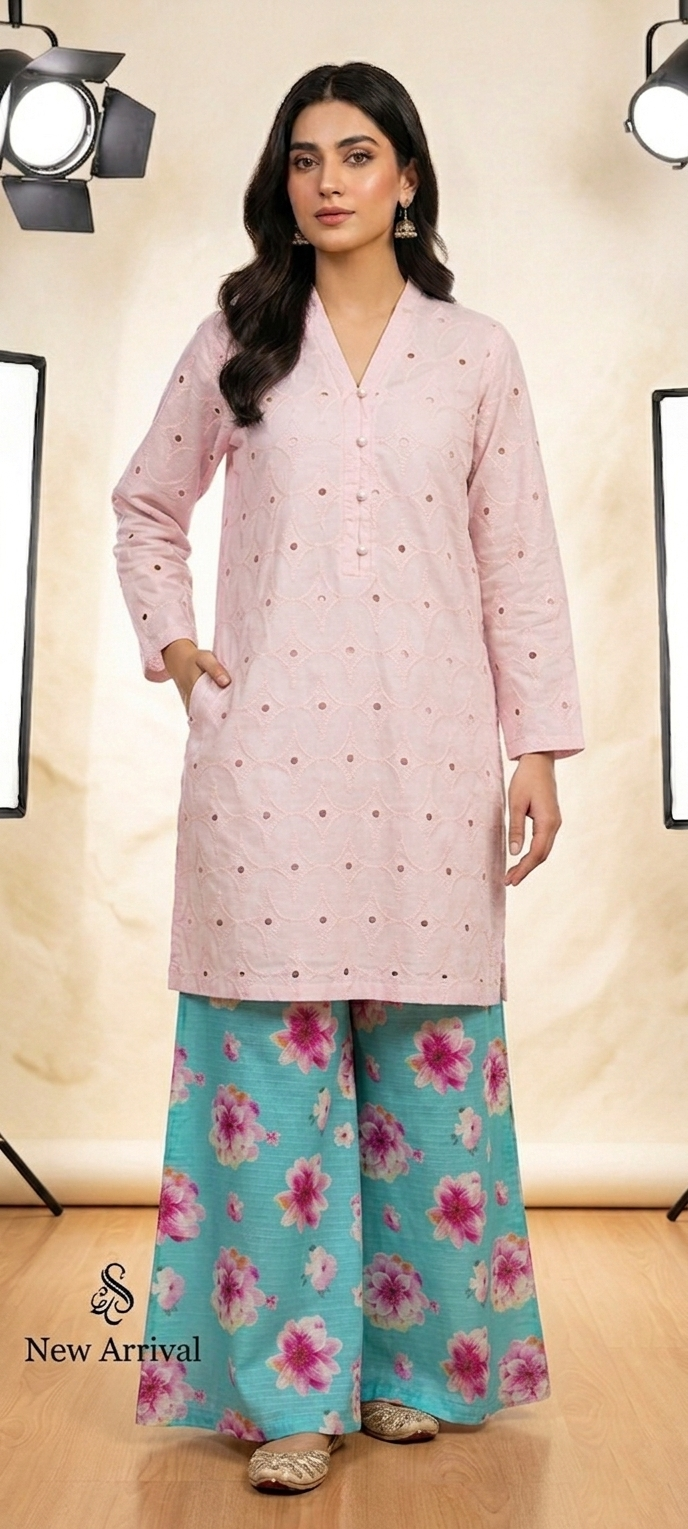 Unstithed Chicken booring shirt with printed trouser LIGHT PINK D5