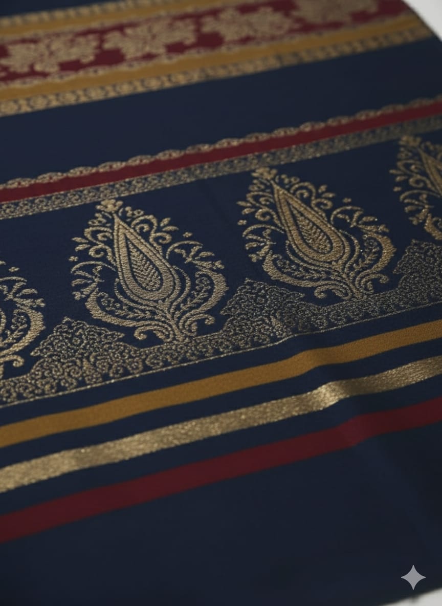 3 piece winter wool Banarsi Shawl with plain Dhanak Marina shirt & Trouser (Navy blue leaf)