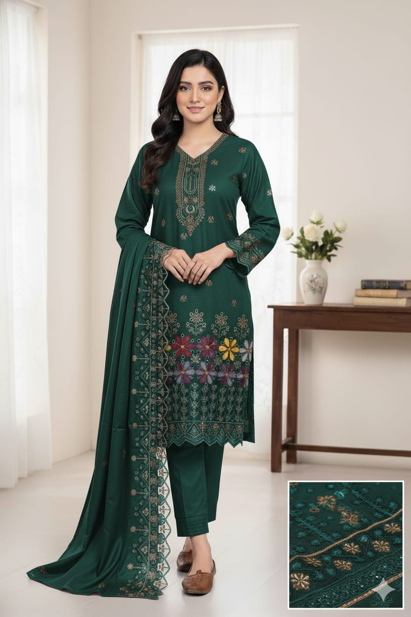 winter Embroided Damman Booring 3 piece (Green )