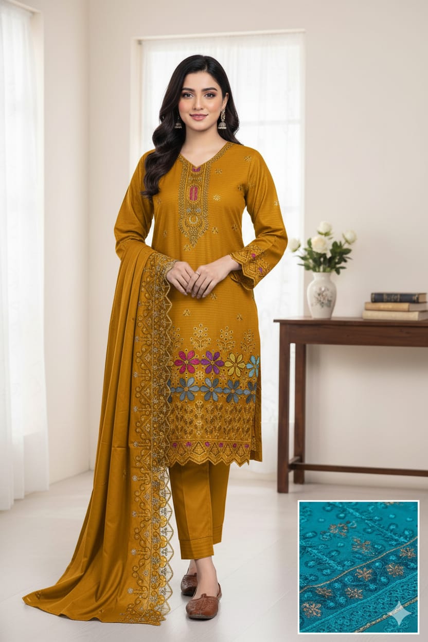 winter Embroided Damman Booring 3 piece (Yellow)