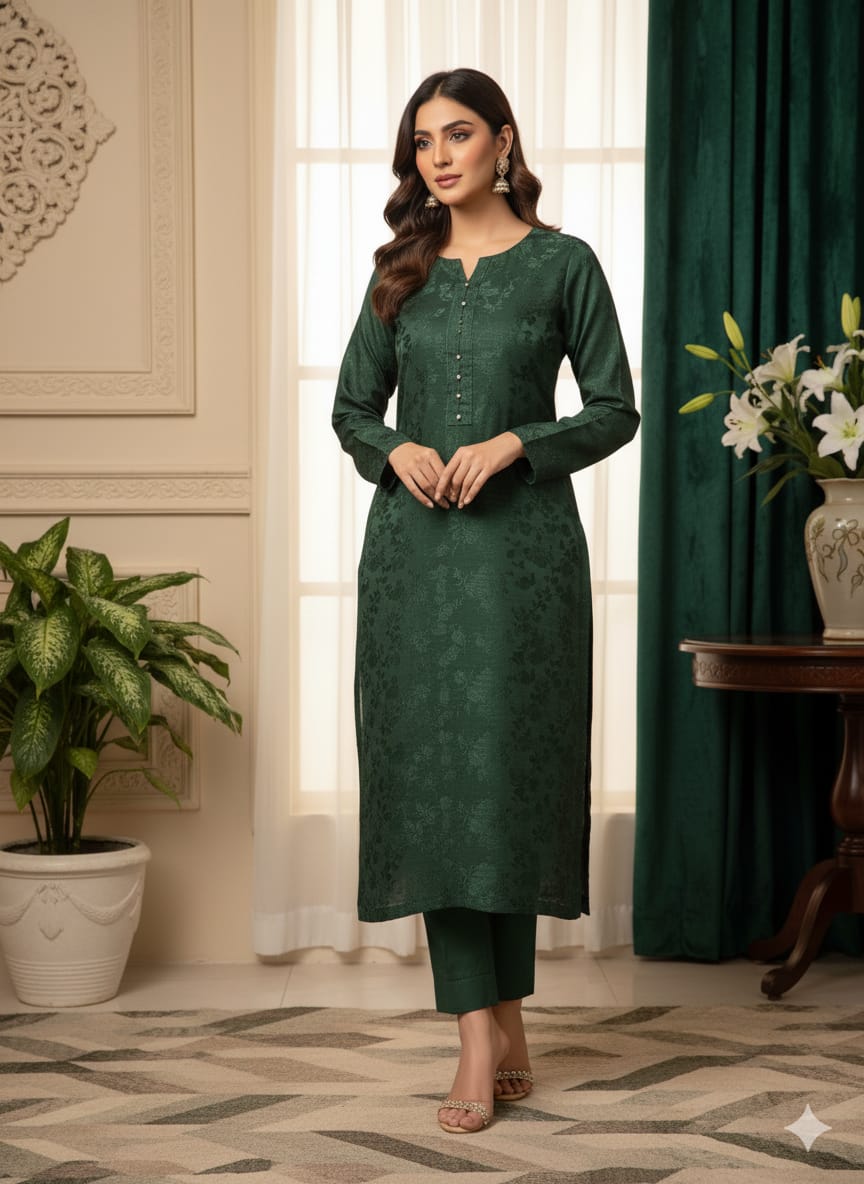 Winter dhanak Self jacquard velvet zariline 2 piece (green )