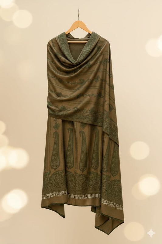 3 piece winter wool jacquard Shawl with plain Marina shirt and Trouser (green8.5 )