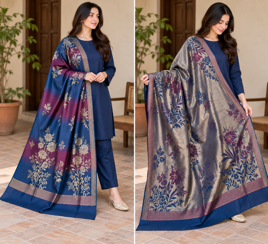 3 piece winter wool jacquard Shawl with plain Marina (zink2)