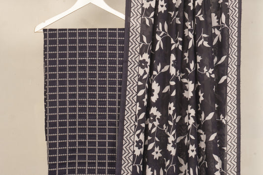 3 piece Lawn Embroided shirt with digital printed dubatta EDD3 Navy Blue