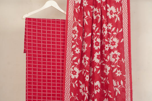 3 piece Lawn Embroided shirt with digital printed dubatta EDD6 Red