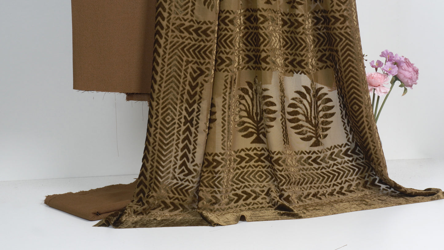 3 piece winter Palachi Shawl with Moon light Dhanak Marina shirt & Trouser (Brown)