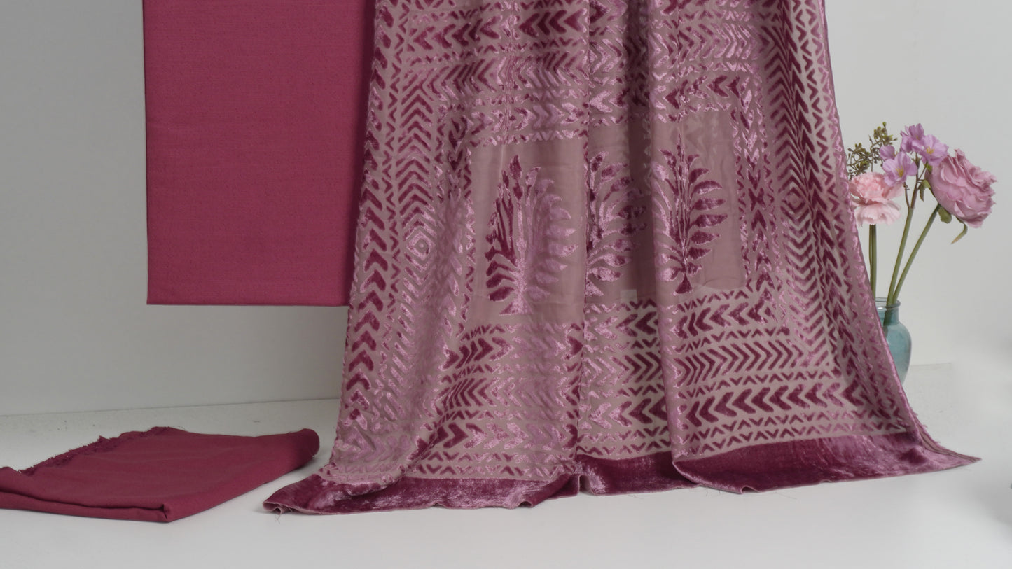 3 piece winter Palachi Shawl with Moon light Dhanak Marina shirt & Trouser (Pink)