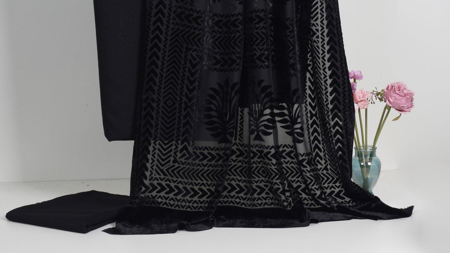 3 piece winter Palachi Shawl with Moon light Dhanak Marina shirt & Trouser (Black )