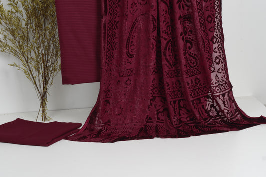 3 piece winter Palachi Shawl with Bana Dora Dhanak Marina shirt & Trouser (MAROON )