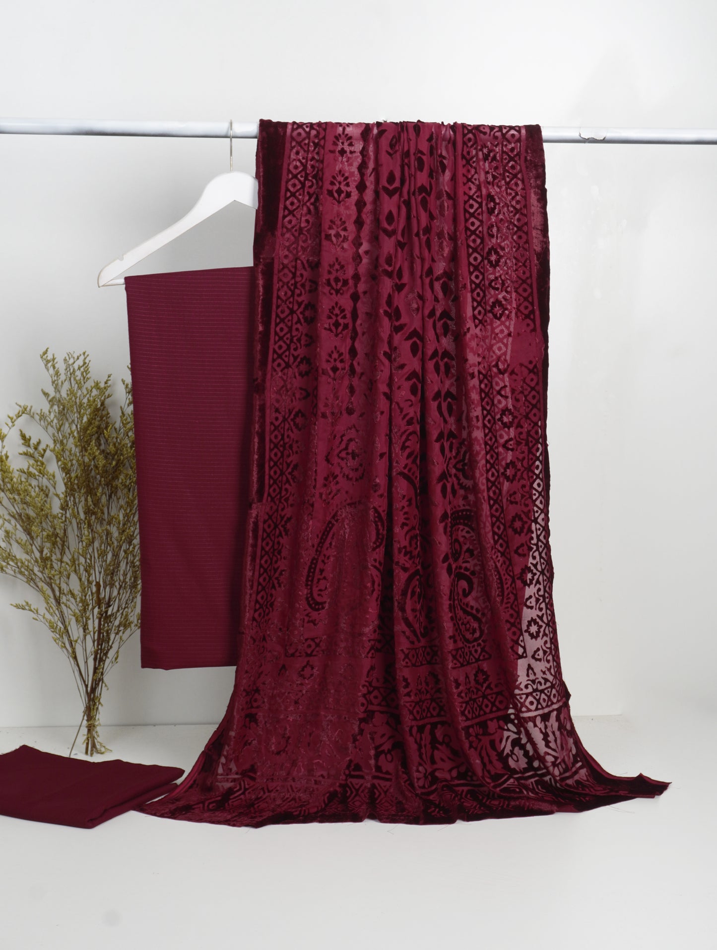 3 piece winter Palachi Shawl with Bana Dora Dhanak Marina shirt & Trouser (MAROON )