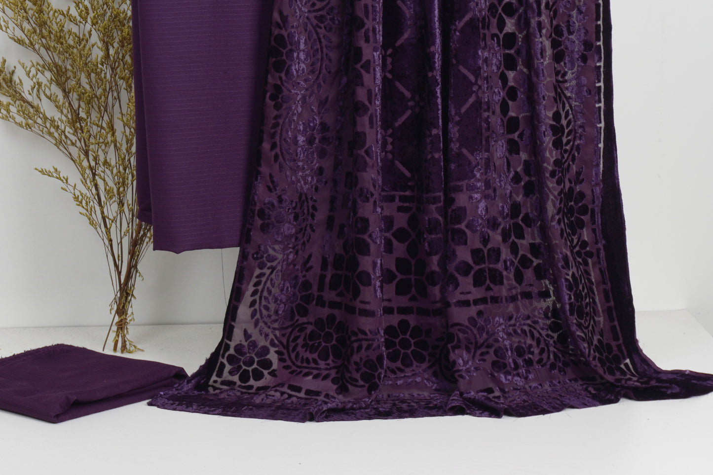 3 piece winter Palachi Shawl with plain Dhanak Marina shirt & Trouser (PURPLE )