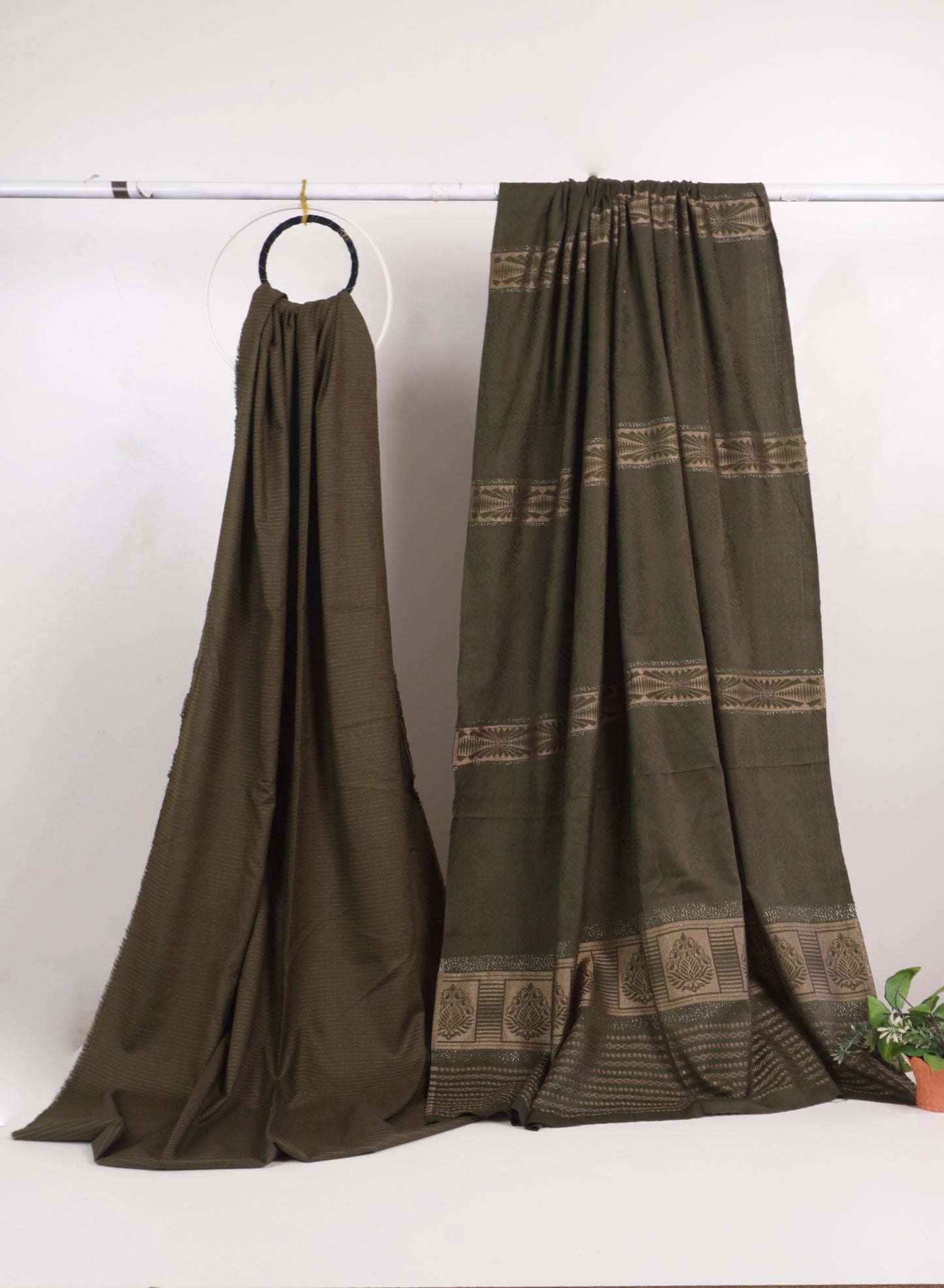 3 piece marina with banarsi wool shawl D2 (MEHNDI )