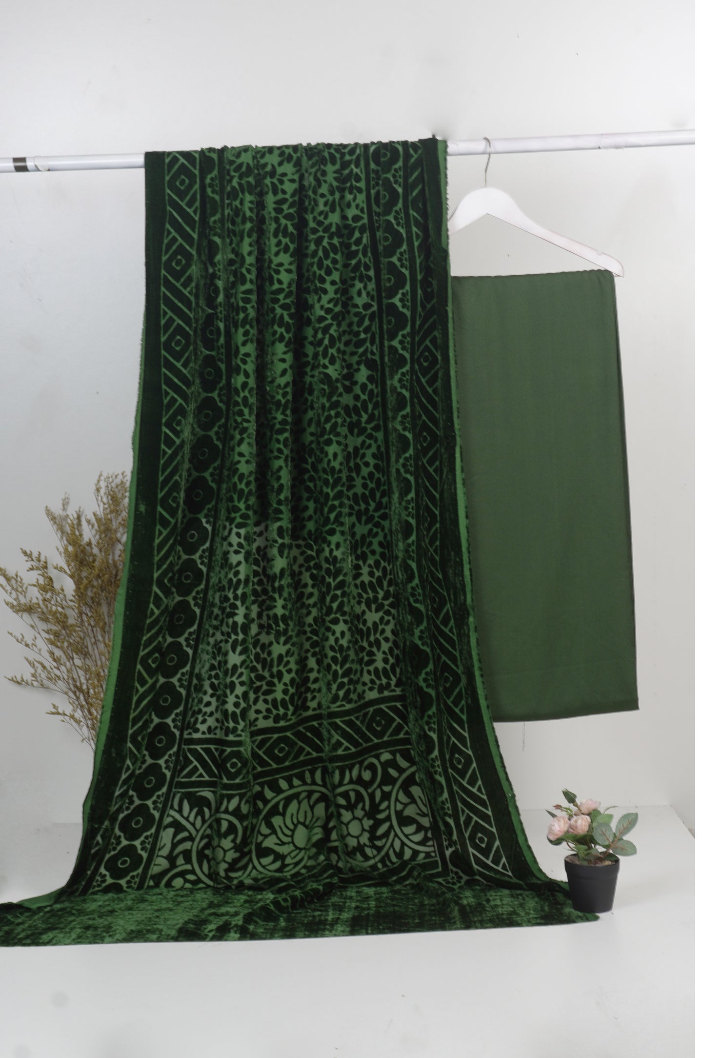 3 piece winter Palachi Shawl with Rice karandi shirt & Trouser (bottle green ) FC