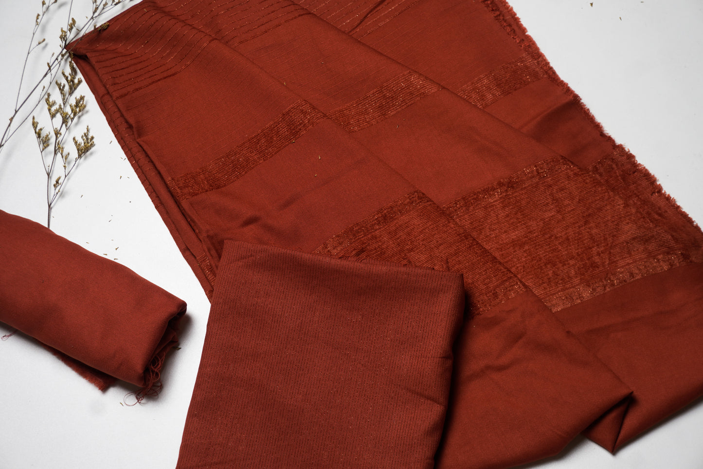 winter zriline velvet shawl with zariline shirt 3 piece (rust )