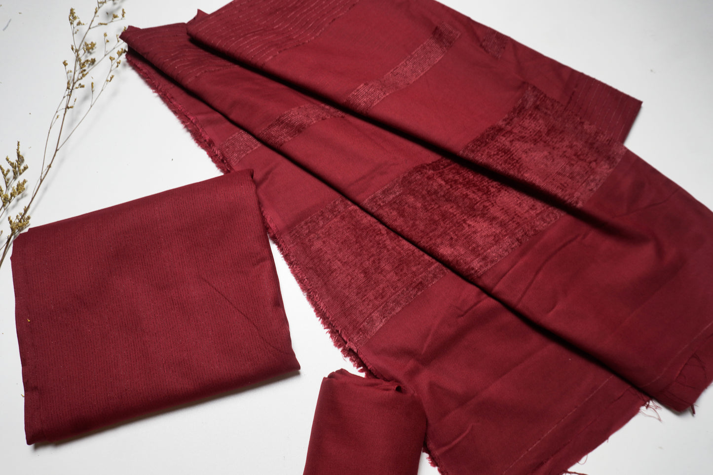 winter zriline velvet shawl with zariline shirt 3 piece (mahroon )