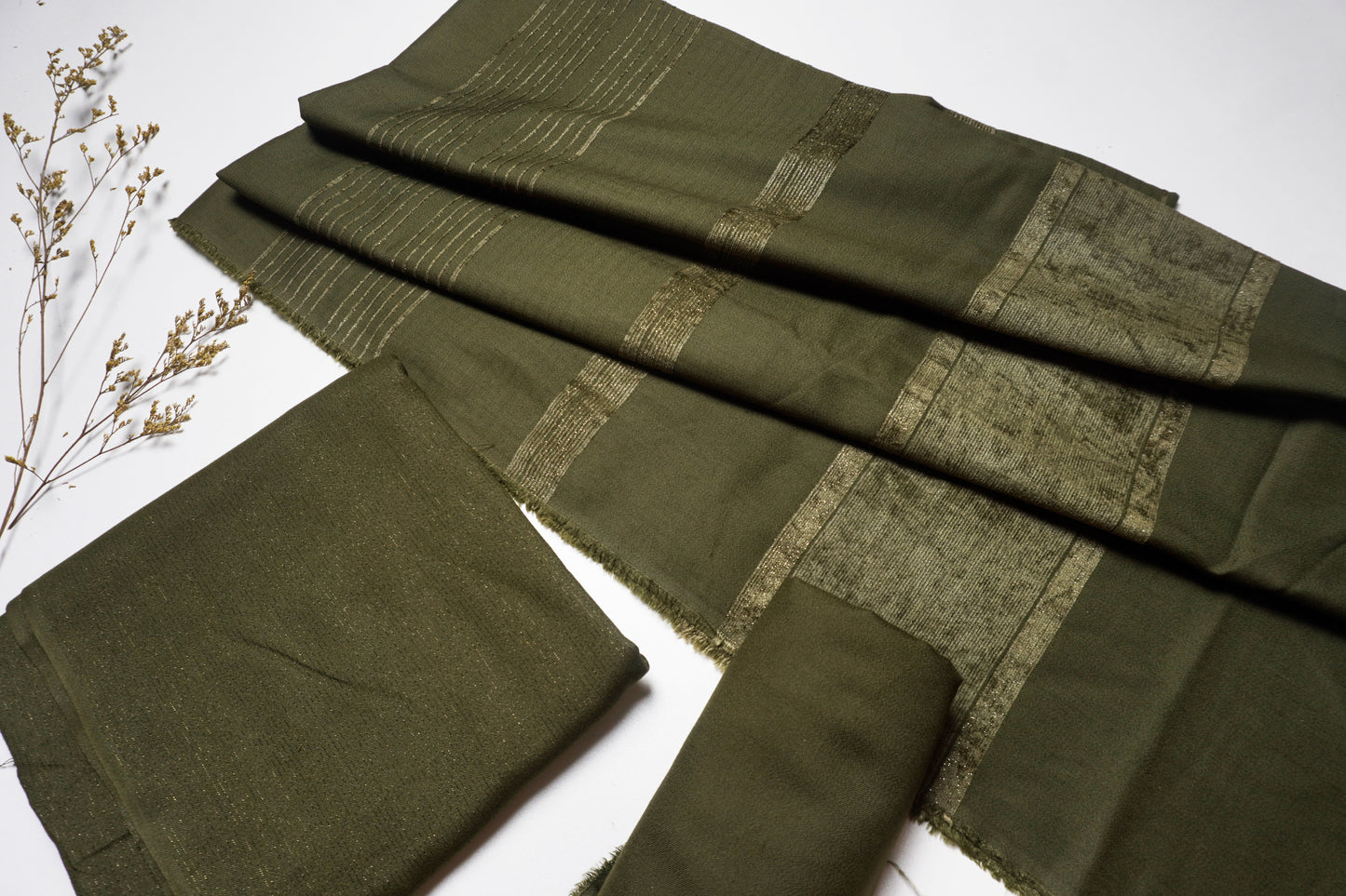 winter zriline velvet shawl with zariline shirt 3 piece (mehndi)