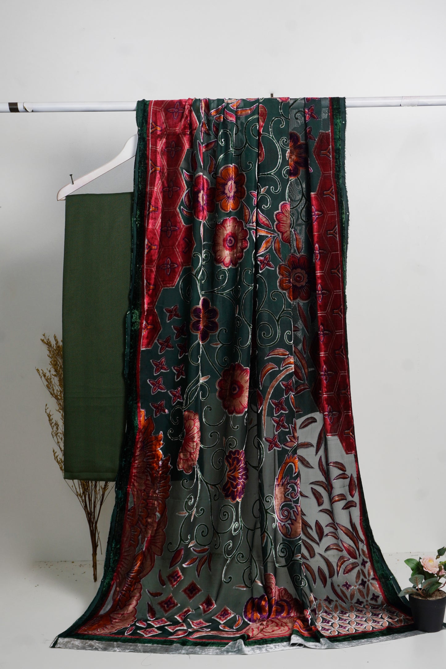 3 piece winter printed Palachi Shawl with Rice karandi shirt & Trouser (green)