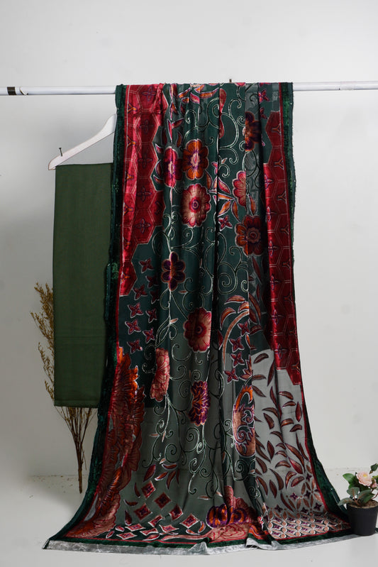 3 piece winter printed Palachi Shawl with Rice karandi shirt & Trouser (green)