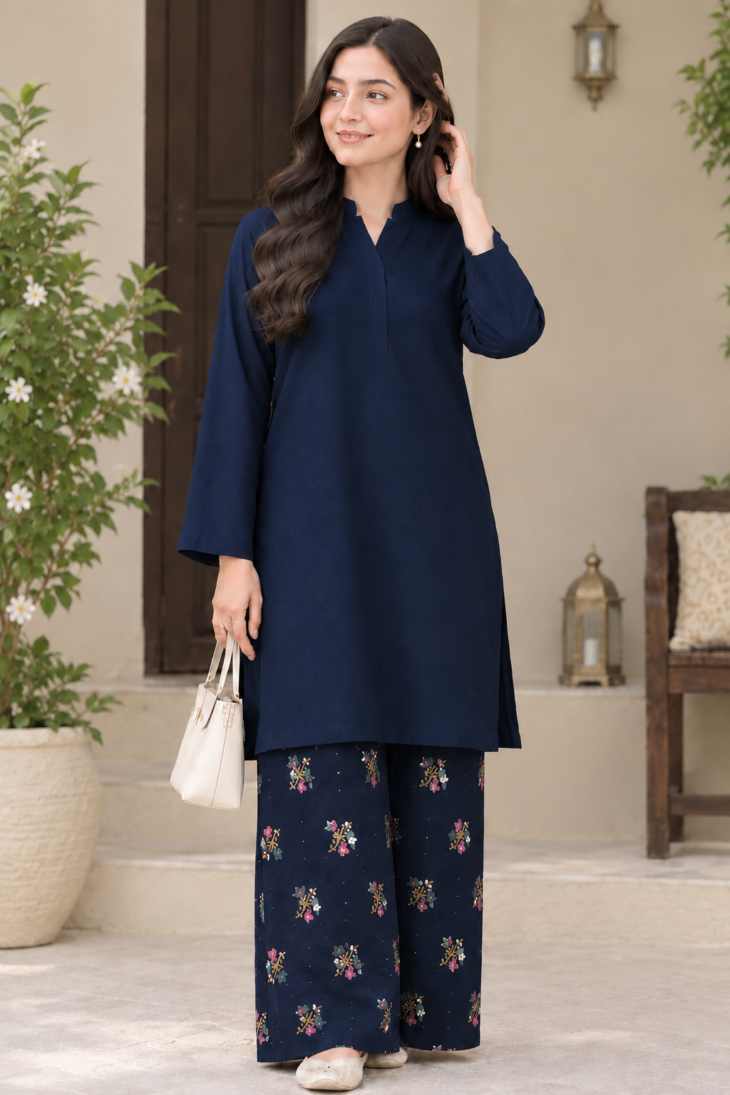 2 piece winter lakhani dhanak marina plian shirt with printed trouser ( Navy blue )