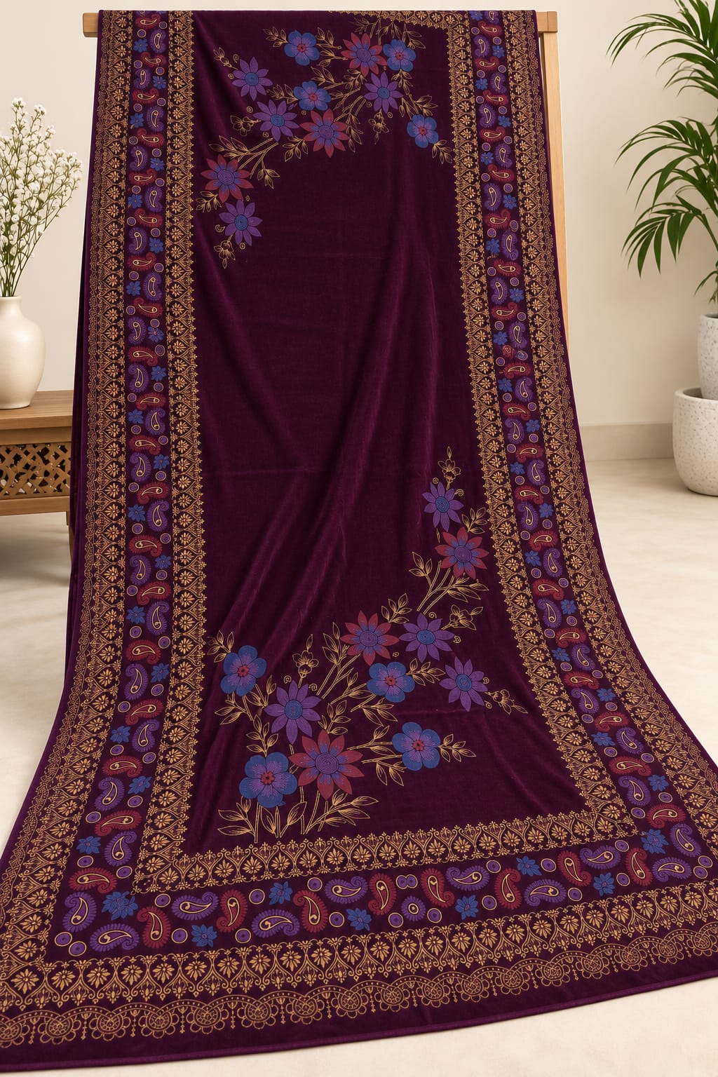 Premium Velvet Printed Shawl ( Purple D2 )