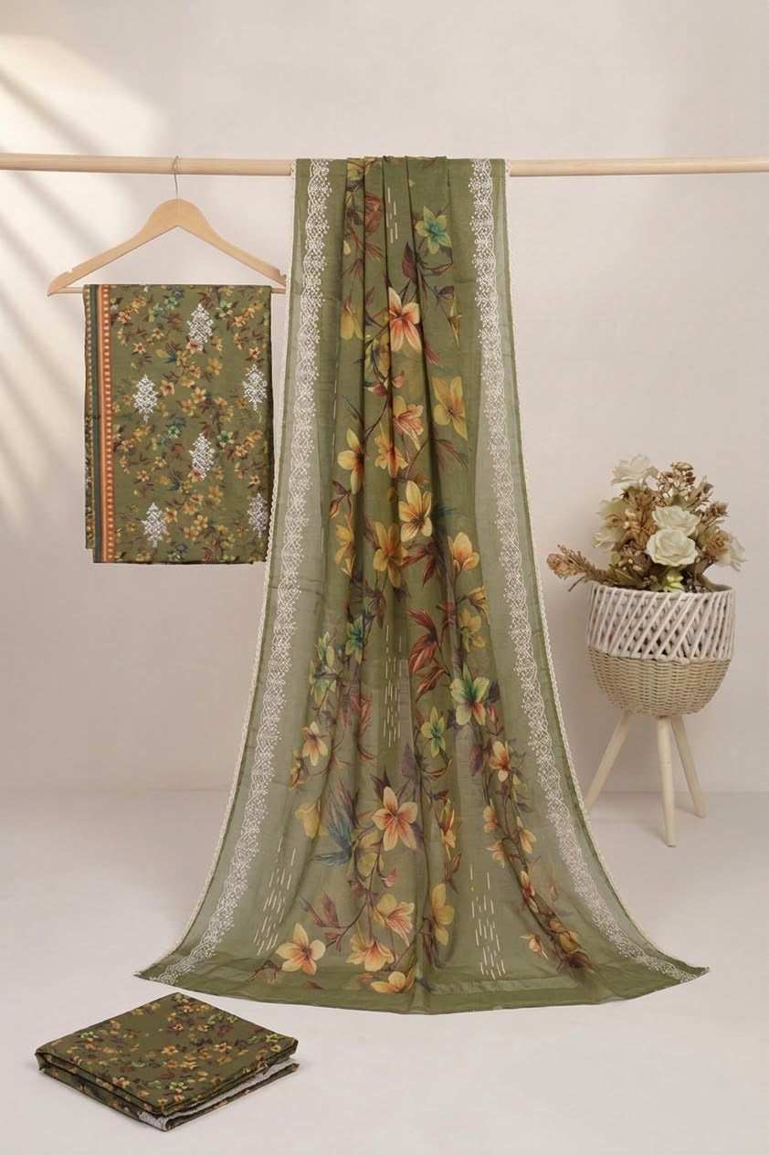 Embroided Printed lawn 3 piece mehndi