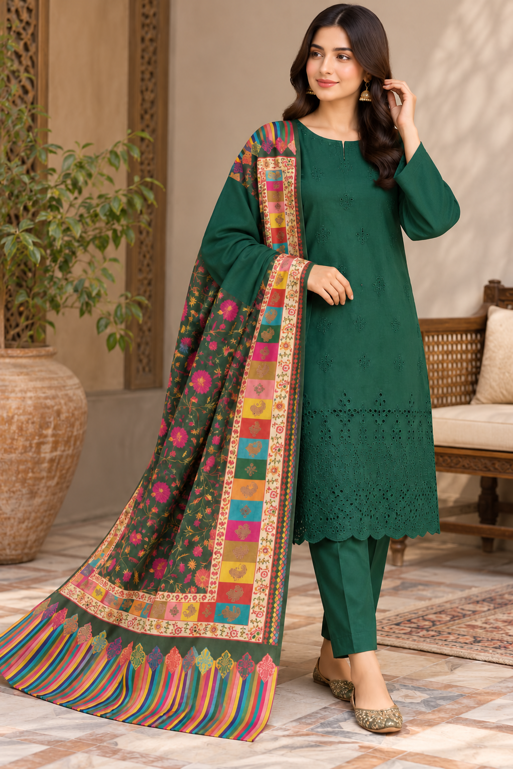 Printed Pashmina Shawl with Dhanak Marina Daman Boring Suit | Unstitched 3 Piece ( green )