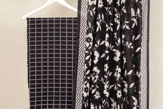 3 piece Lawn Embroided shirt with digital printed dubatta EDD1 (black )