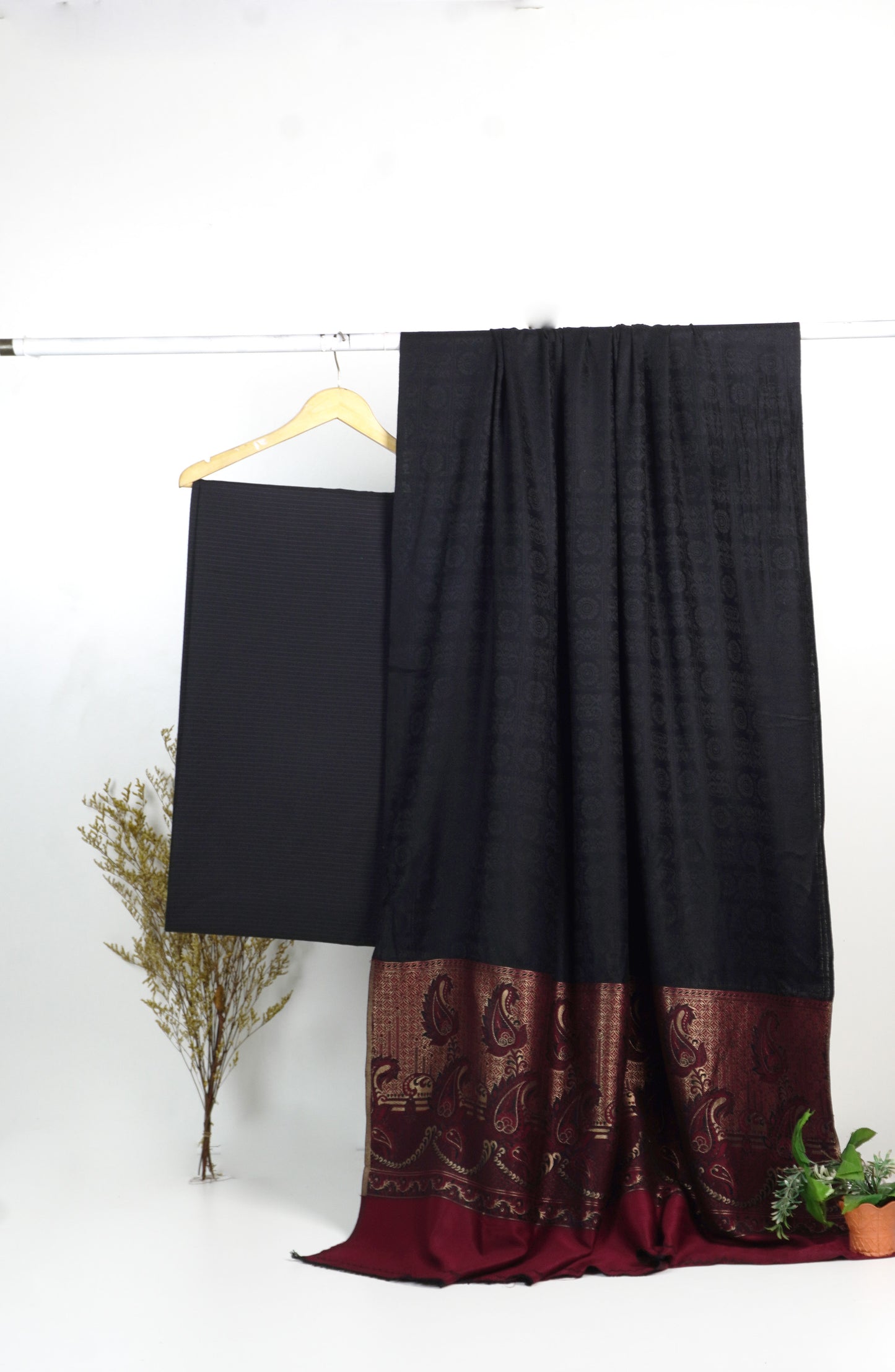 3 piece marina with banarsi wool shawl ( Black )