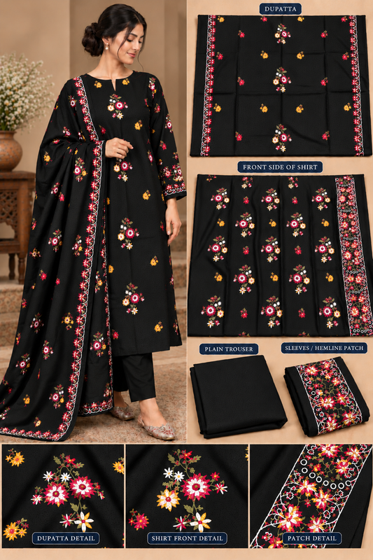 Premium Winter Dhanak Marina Embroidered 3 Piece Unstitched Suit – Black