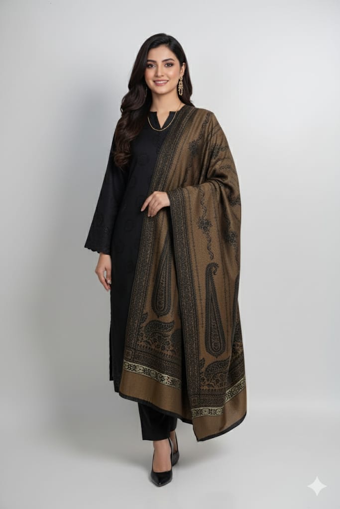 3 piece winter wool jacquard Shawl with plain Marina shirt and Trouser (black8.5 )