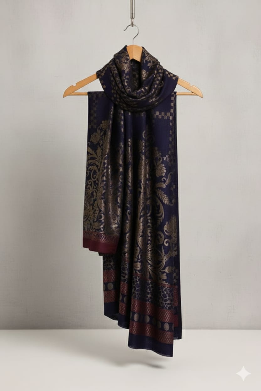 3 piece winter wool jacquard Shawl with Zariline Marina Shirt and trouser (blue)1.1