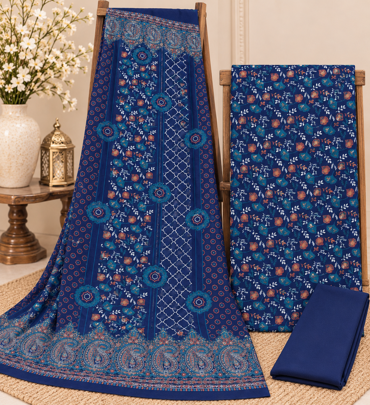 3Piece - Dhanak Lakhani Print Suit Classic ( blue multi) BD