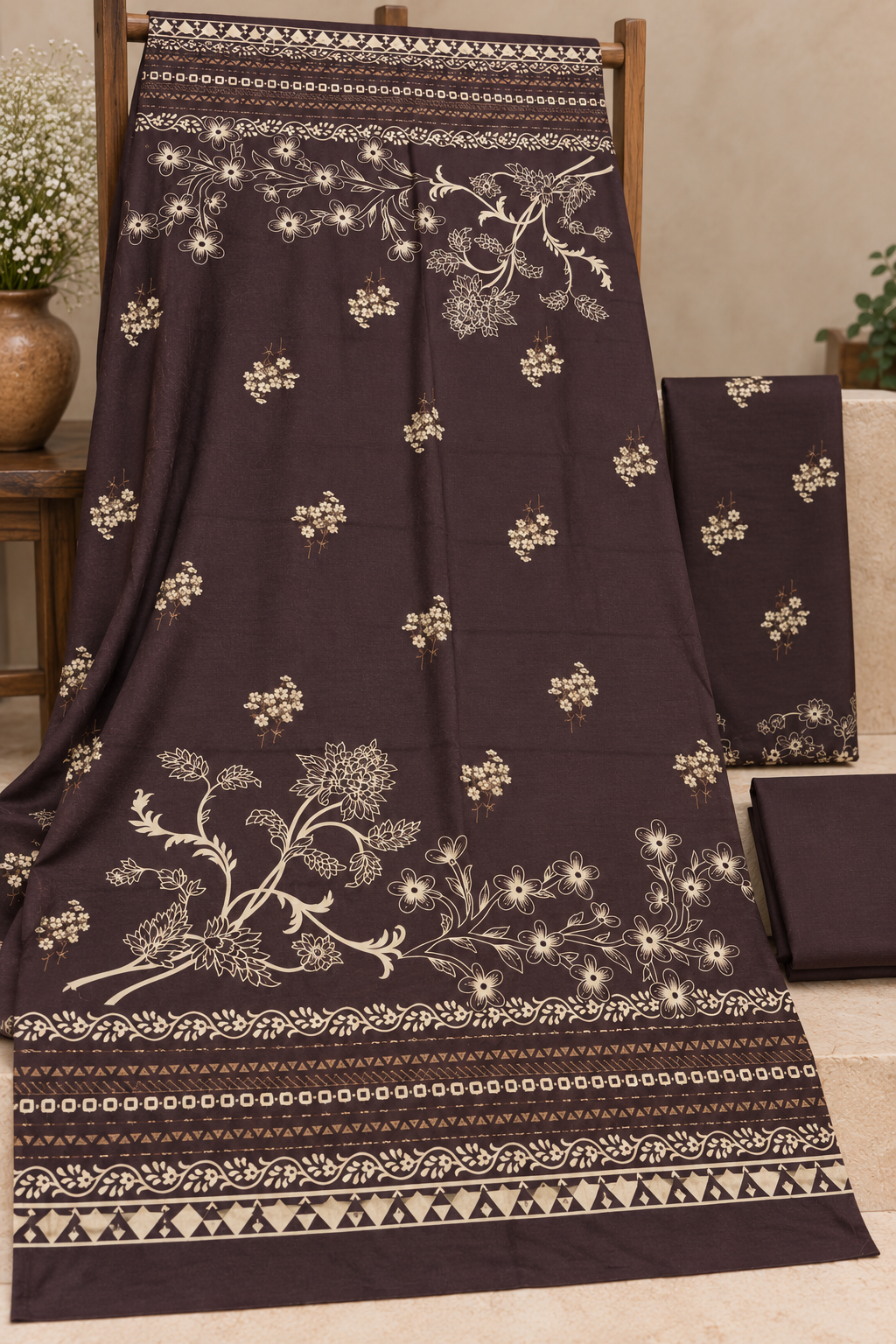 3Piece - Dhanak Lakhani Print Suit Classic ( Chocolate Brown )