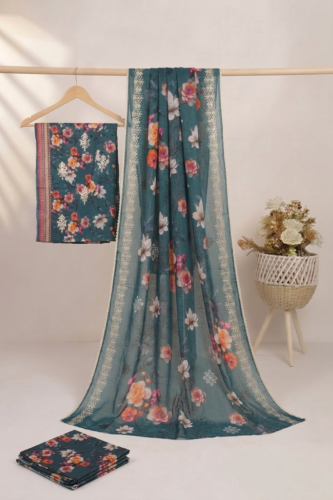 Embroided Printed lawn 3 piece green