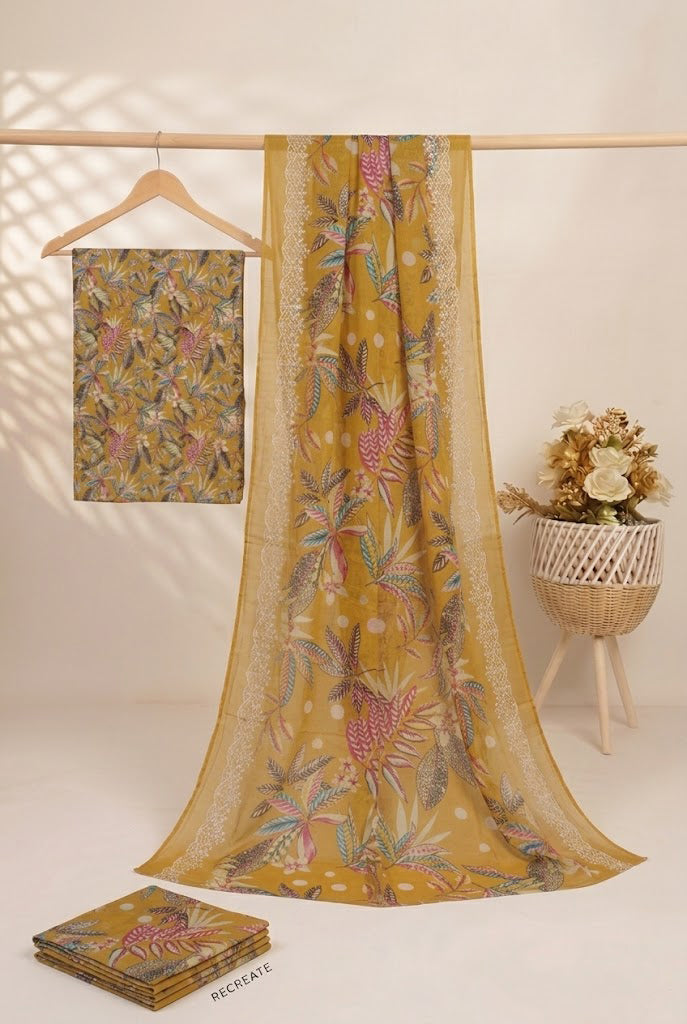 Embroided Printed lawn 3 piece musturd