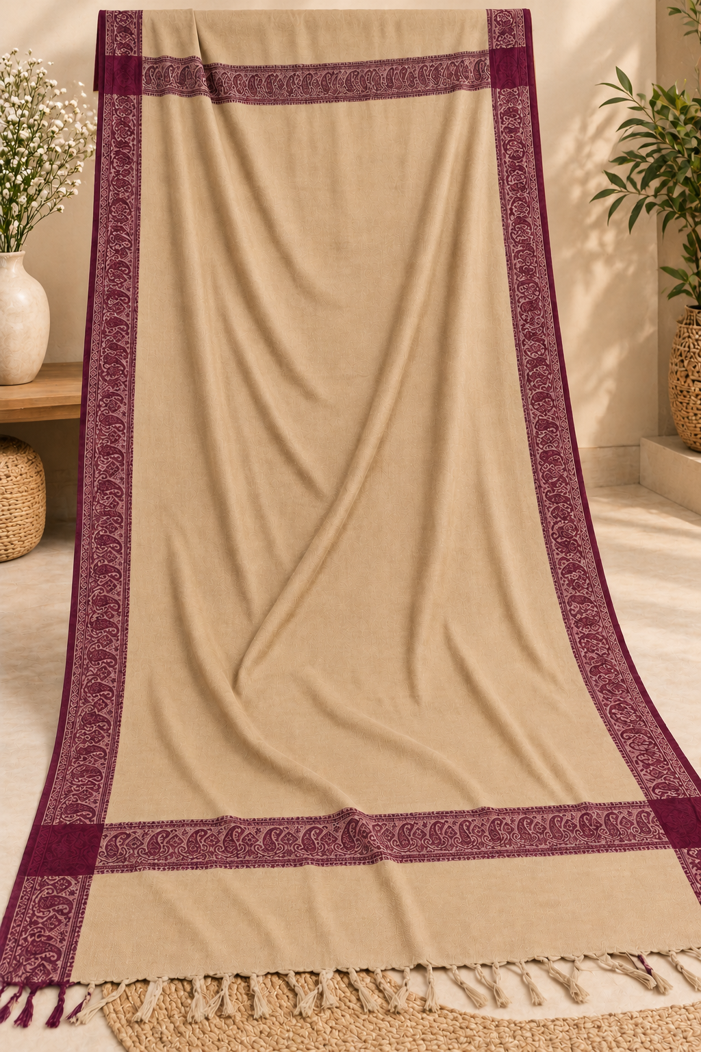 self jacquard pashmina shawl ( Beige with Maroon Border )