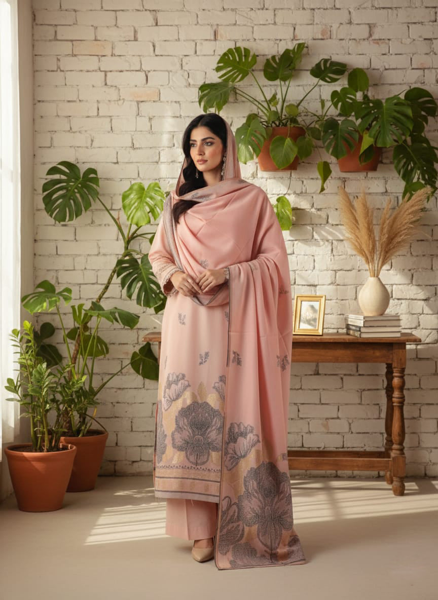 Lawn 3 piece with light weight Jacquard shawl L.Pink
