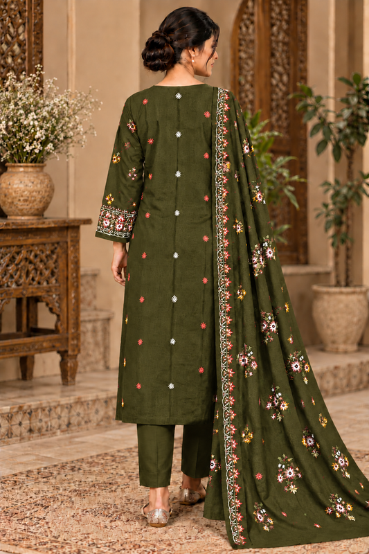 Premium Winter Dhanak Marina Embroidered 3 Piece Unstitched Suit –Mehndi (EMB05)