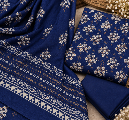 3Piece - Dhanak Lakhani Print Suit Classic ( Navy Blue )