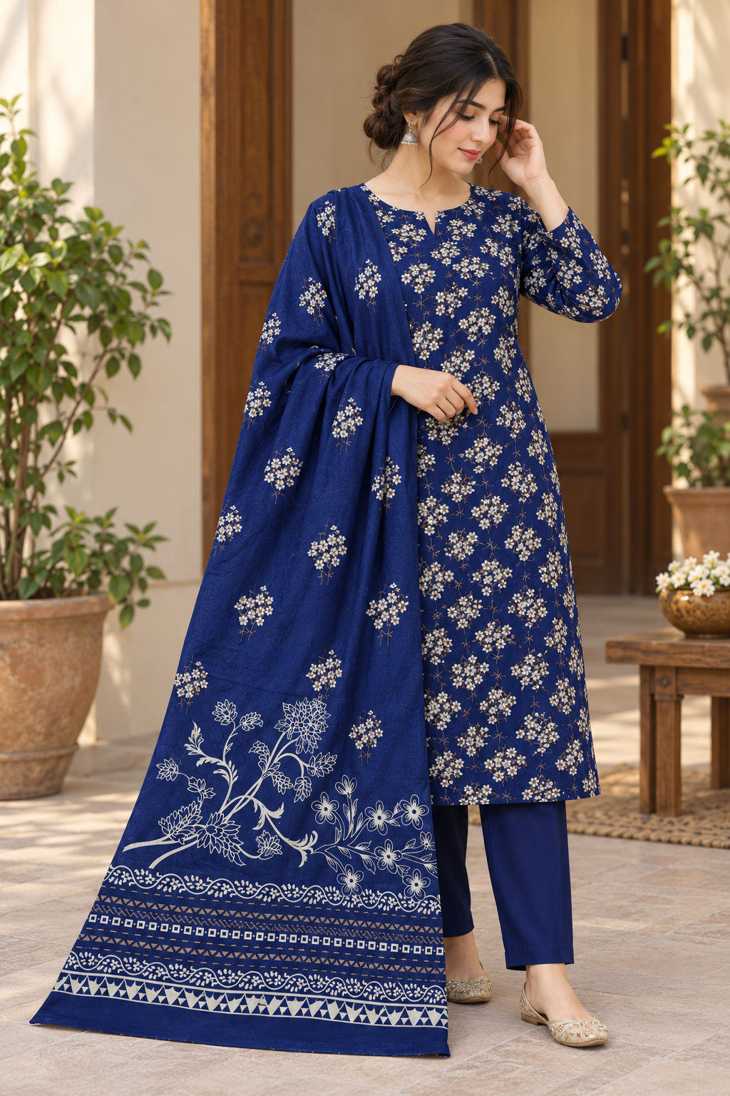 3Piece - Dhanak Lakhani Print Suit Classic ( Navy Blue )