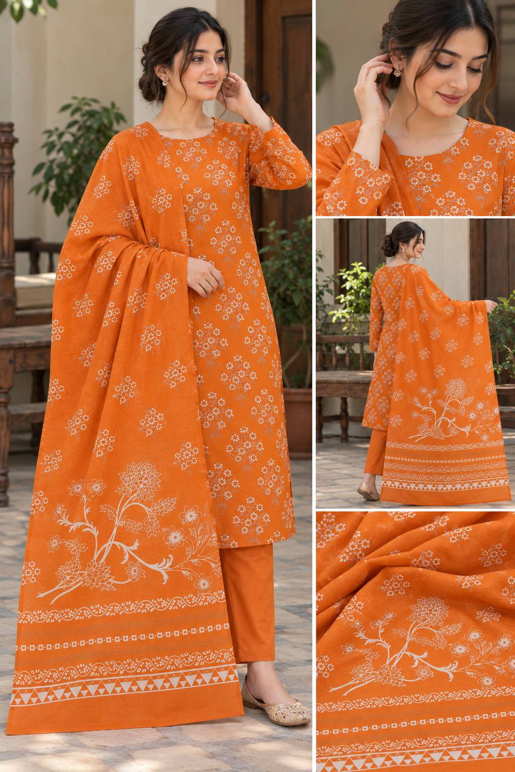 3Piece - Dhanak Lakhani Print Suit Classic ( Orange )