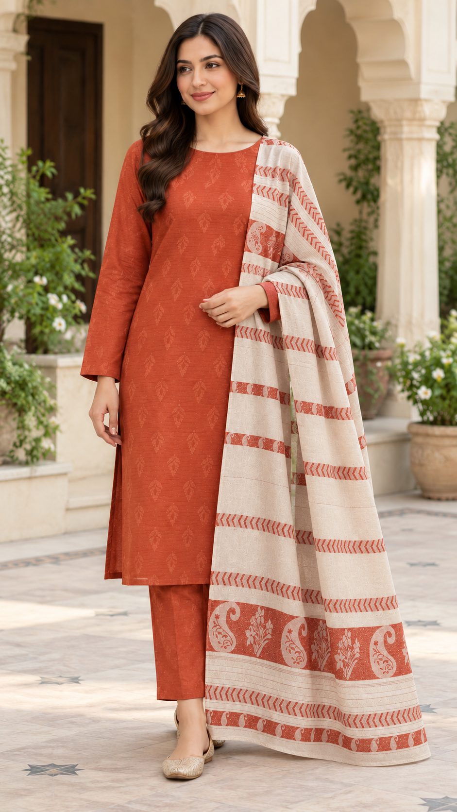 3 Piece Winter acralic Jacquard Shawl with Plain Zariline marina shirt trouser(skin Rust )