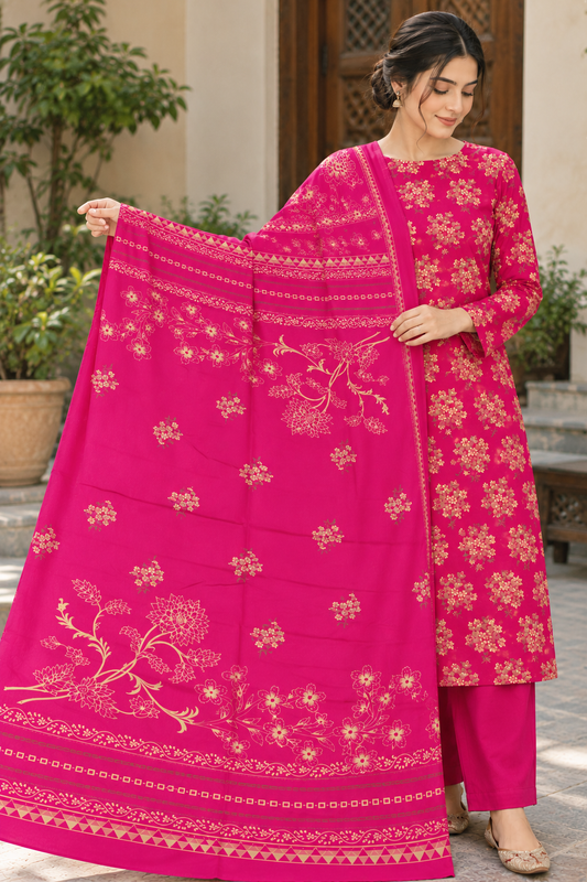 3Piece - Dhanak Lakhani Print Suit Classic ( Pink )