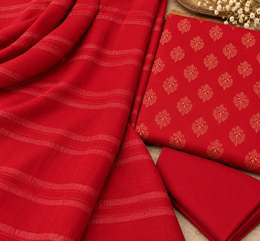 3Piece - Dhanak Lakhani Print Suit With Velvet Line Dupatta ( Red )