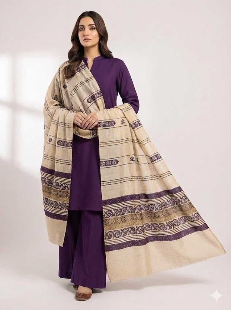 3 piece winter pashmina Shawl with plain Dhanak Marina( PURPLE B )