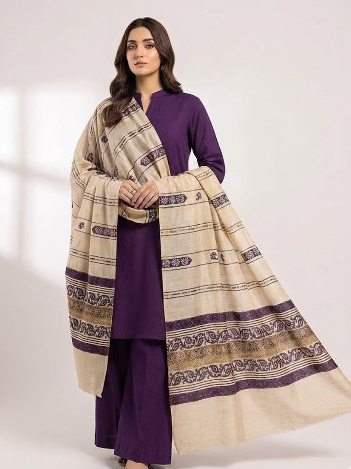 3 piece winter pashmina Shawl with plain Dhanak Marina( PURPLE B )